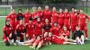 Afghan women's players pose for a team photo during a training session in Auckland, New Zealand, Tuesday, June 2, 2026. (Andrew Cornaga/Photosport via AP)