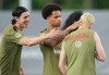 Tajon Buchanan, centre, jokes around with Liam Millar, right, and Alfie Jones during Team Canada World Cup roster selection camp in Charlotte, N.C., on Tuesday, May 26, 2026. THE CANADIAN PRESS/Nathan Denette