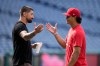 San Diego Padres' Nick Castellanos, left, and Philadelphia Phillies' Jesús Luzardo meet before a baseball game Tuesday, June 2, 2026, in Philadelphia. (AP Photo/Matt Slocum)