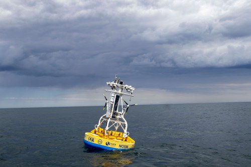 In this 2018 image provided by Woods Hole Oceanographic Institution, a buoy used to gather data floats in the Pioneer Mid-Atlantic Bight off the coast of North Carolina. (Darlene Trew Crist/Woods Hole Oceanographic Institution via AP)