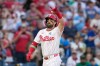 Philadelphia Phillies' Bryce Harper reacts after hitting a two-run home run against San Diego Padres pitcher Randy Vásquez during the fourth inning of a baseball game Tuesday, June 2, 2026, in Philadelphia. (AP Photo/Matt Slocum)