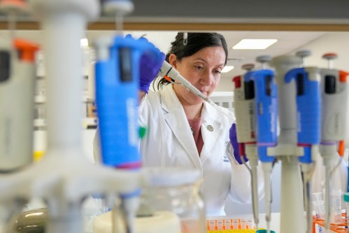 María Inés Barría, a virologist at the Universidad San Sebastián, works at the university, in Santiago, Chile, Wednesday, May 20, 2026. (AP Photo/Esteban Felix)