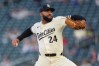 Minnesota Twins starting pitcher Simeon Woods Richardson (24) delivers during the fourth inning of a baseball game against the Miami Marlins Wednesday, May 13, 2026, in Minneapolis. (AP Photo/Abbie Parr)