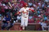 St. Louis Cardinals' Alec Burleson watches his RBI single during the first inning of a baseball game against Texas Rangers Wednesday, June 3, 2026, in St. Louis. (AP Photo/Jeff Roberson)
