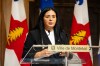 Montreal Mayor Soraya Martinez Ferrada gives remarks as she greets Quebec Premier Christine Fréchette, not shown, at city hall in Montreal on Wednesday, April 22, 2026. THE CANADIAN PRESS/Christopher Katsarov