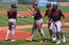 Baltimore Orioles players celebrate during a six-run first inning of a baseball game against the Boston Red Sox, Thursday, June 4, 2026, in Boston. (AP Photo/Charles Krupa)