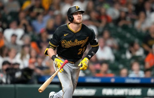 Pittsburgh Pirates' Ryan O'Hearn watches his two-run home run against Houston Astros starting pitcher Kai-Wei Teng during the sixth inning of a baseball game, Thursday, June 4, 2026, in Houston. (AP Photo/Karen Warren)
