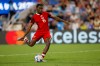 Canada defender Moïse Bombito shoots in a penalty shootout in the Copa America third-place soccer match against Uruguay in Charlotte, N.C., Saturday, July 13, 2024. (AP Photo/Nell Redmond)