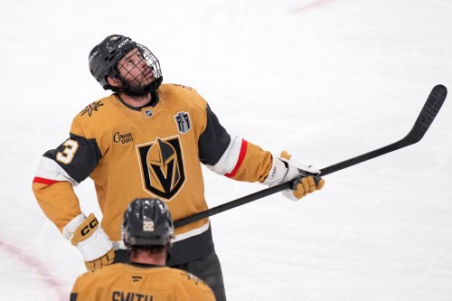 Vegas Golden Knights defenceman Brayden McNabb is seen with a cage on his helmet during the first period in Game 3 of the NHL hockey Stanley Cup final series against the Carolina Hurricanes, Saturday, June 6, 2026, in Las Vegas. (AP Photo/Candice Ward)