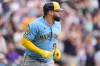 Milwaukee Brewers' Gary Sánchez heads up the first base line after hitting a two-run home run off Colorado Rockies relief pitcher Jaden Hill in the sixth inning of a baseball game Sunday, June 7, 2026, in Denver. (AP Photo/David Zalubowski)