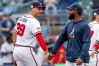 Atlanta Braves' Matt Olson, left, celebrates with Michael Harris II, right, after their team defeated the Pittsburgh Pirates in a baseball game, Sunday, June 7, 2026, in Atlanta. (AP Photo/Erik S. Lesser)