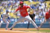 Los Angeles Angels starting pitcher José Soriano delivers to the plate during the first inning of a baseball game against the Los Angeles Dodgers, Sunday, June 7, 2026, in Los Angeles. (AP Photo/Jayne Kamin-Oncea)