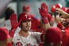 FILE - Philadelphia Phillies' Max Kepler celebrates after hitting a home run off of New York Mets pitcher Ryan Helsley during the eighth inning of a baseball game, on Sept. 10, 2025, in Philadelphia. (AP Photo/Matt Rourke, File)