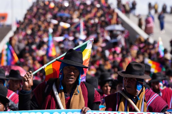 Aymara Indigenous people march during an anti-government protest in El Alto, Bolivia, last Wednesday. (Juan Karita / The Associated Press)