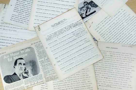 Original radio scripts written by legendary CBS correspondent Edward R. Murrow for broadcast from London. (Louis Lanzano / The Associated Press files)