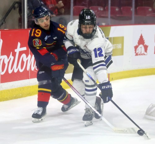 Calyb Moore scored the game-tying goal in the final four minutes of Niverville's semi-final win. (Cassidy Dankochik The Carillon)