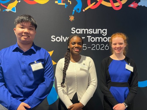 St. Malachy’s Memorial High School students Xixiang Ge, left to right, Rhailyn Pyke and Melody Ovuakporoyecha pose for a photo at a presentation of the Samsung Solve for Tomorrow prize, in Mississauga, Ont., in an undated handout photo. THE CANADIAN PRESS/Handout -  St. Malachy’s Memorial High School (Mandatory Credit)
