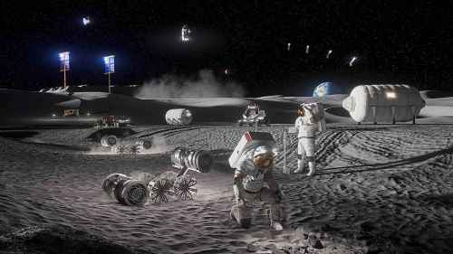 Artist’s rendering depicting astronauts, habitats, rovers, power systems, and cargo operations supporting sustained human activities at the Moon Base near the lunar South Pole. (NASA)