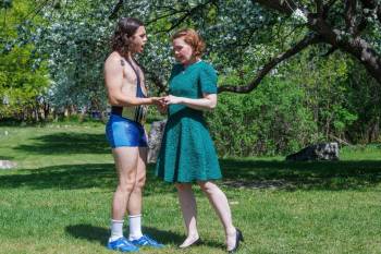 photos by MIKE DEAL / FREE PRESS 
                                Liam Dutiaume (left) as Orlando and Mallory James (right) as Rosalind. Shakespeare in the Ruins&rsquo; production of As You Like It runs from June 4 to July 5.