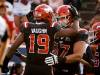 Calgary Stampeders quarterback Quincy Vaughn, left, celebrates a touchdown with teammate Zack Williams in 2025. THE CANADIAN PRESS FILES/Jeff McIntosh