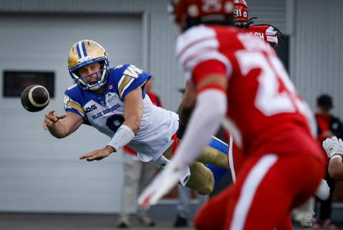THE CANADIAN PRESS/Jeff McIntosh
                                Winnipeg Blue Bombers quarterback Zach Collaros, left, makes a diving pass against the the Calgary Stampeders during first half CFL football action in Calgary, Friday.