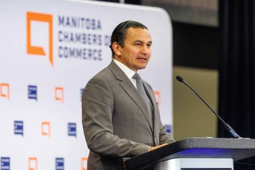 MIKE DEAL / FREE PRESS
                                Premier Wab Kinew speaks during the Manitoba Chambers of Commerce MBiz Breakfast event Tuesday morning at the RBC Convention Centre in Winnipeg, in front of nearly 400 business leaders and representatives from government, organizations and chambers of commerce.