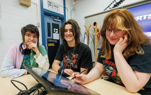 MIKE DEAL / FREE PRESS
                                From left: Ethan Hall, Jerzy Fleury and Killian Halldorson are animators in the Sisler High School Create program.