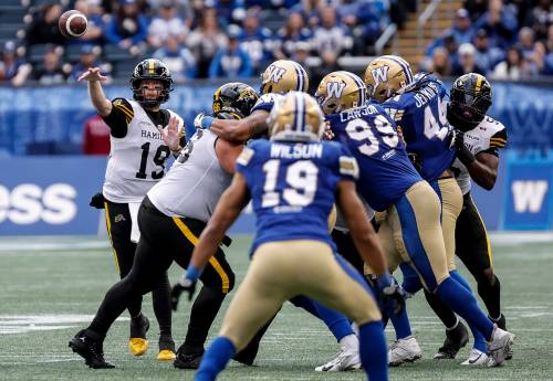 John Woods / THE CANADIAN PRESS
                                Hamilton Tiger-Cats quarterback Bo Levi Mitchell throws against the Winnipeg Blue Bombers defence in the first half in Winnipeg on Thursday.