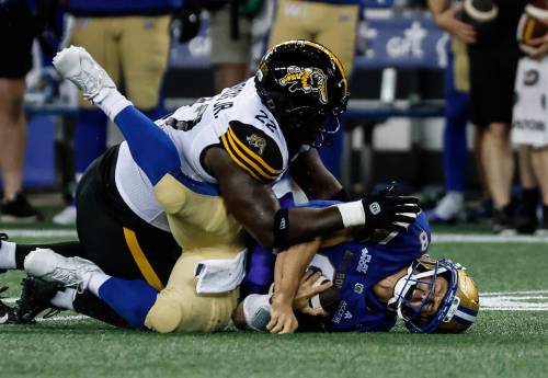JOHN WOODS / THE CANADIAN PRESS
                                Bombers quarterback Zach Collaros (8) gets sacked by Hamilton&rsquo;s Mario Kendricks (22) during second half CFL football action in Winnipeg on Thursday.
