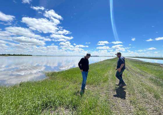 Brian Boonstra and fellow farmer Kevin Porteous survey flooding on Boonstra’s land in the RM of Woodlands Thursday. (Tyler Searle / Free Press)