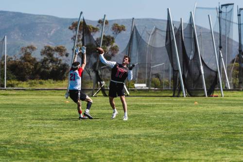 Isaiah King Photo
                                Jackson Tachinski (right) at Team Canada&rsquo;s flag football training camp in Chula Vista, Calif. The former Manitoba Bison pivot is in a comfortable role on the national flag team as a starting receiver who will be tasked with throwing the ball when needed.