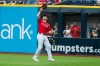 Cleveland Guardians' Chase DeLauter catches a fly ball by Washington Nationals' Jacob Young during the fourth inning of a baseball game, Wednesday, May 27, 2026, in Cleveland. (AP Photo/Phil Long)