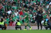 Ireland's Seamus Coleman walks as tennis balls are thrown on to the pitch during the international friendly soccer match between Ireland and Qatar in Dublin, Ireland, Thursday, May 28, 2026. (AP Photo/ Peter Morrison)