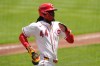 Cincinnati Reds' Elly de la Cruz scores on a double hit by JJ Bleday during the first inning of a baseball game against the Atlanta Braves in Cincinnati, Sunday, May 31, 2026. (AP Photo/Carolyn Kaster)