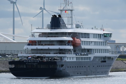 The MV Hondius cruise ship arrives at the Port of Rotterdam, Netherlands, Monday, May 18, 2026. (AP Photo/Patrick Post)