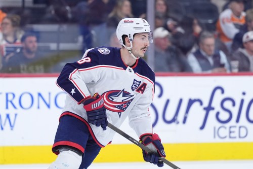 FILE - Columbus Blue Jackets' Zach Werenski plays during an NHL hockey game March 24, 2026, in Philadelphia. (AP Photo/Matt Slocum, File)