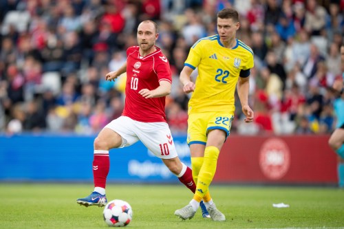 Denmark's Christian Eriksen, left, in action with Ukraine's Mykola Matviyenko during an international football game, in Odense, Denmark, Sunday, June 7, 2026. (Bo Amstrup/Ritzau Scanpix via AP)