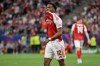 Arsenal's Jurrien Timber reacts during the Champions League final soccer match between Paris Saint-Germain and Arsenal in Budapest, Hungary, Saturday, May 30, 2026. (AP Photo/Denes Erdos)