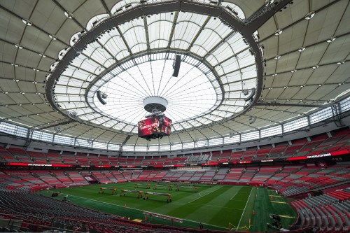 The interior of B.C. Place stadium is seen with the retractable roof closed ahead of the FIFA World Cup, in Vancouver, on Monday, June 8, 2026. THE CANADIAN PRESS/Darryl Dyck