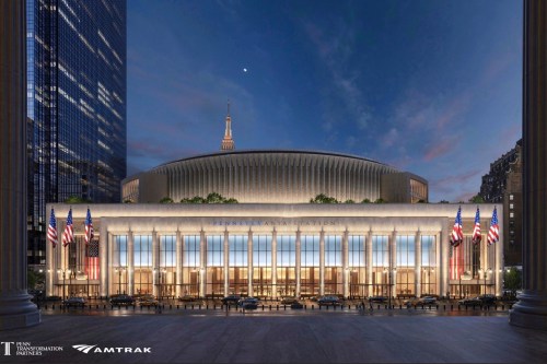 This artistic rendering provided by Heller Inc. shows a dramatically redesigned Pennsylvania Station in New York City. (Heller Inc. via AP)