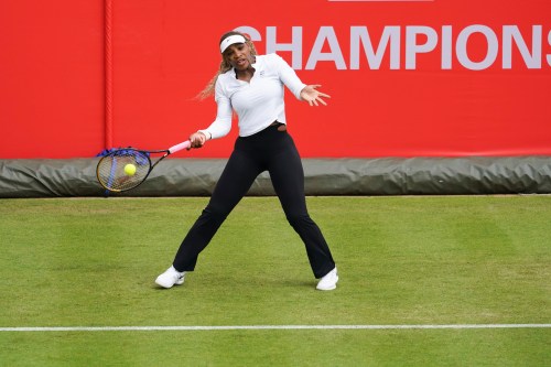 Serena Williams of the United States practices at Queen's Club, in London, Sunday, June 7, 2026. (AP Photo/Alberto Pezzali)