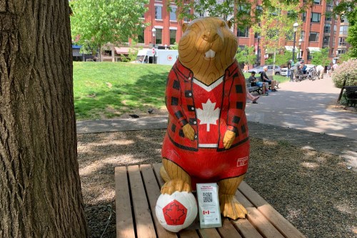 A beaver sculpture representing Canada that is part of The Great Beaver Quest, a World Cup-themed contest, stands in a park Thursday, June 4, 2026, in Toronto. (AP Photo/Mike Householder)