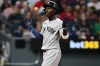 New York Yankees' Jazz Chisholm Jr. celebrates after hitting a solo home run off Cleveland Guardians relief pitcher Tim Herrin during the eighth inning of a baseball game, Tuesday, June 9, 2026, in Cleveland. (AP Photo/David Dermer)