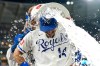 Kansas City Royals' Jac Caglianone is doused by teammates after their baseball game against the Texas Rangers, Tuesday, June 9, 2026, in Kansas City, Mo. (AP Photo/Charlie Riedel)