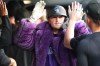 Colorado Rockies' Hunter Goodman celebrates with teammates in the dugout after hitting a two-run home run off Chicago Cubs starting pitcher Colin Rea in the first inning of a baseball game Tuesday, June 9, 2026, in Denver. (AP Photo/David Zalubowski)