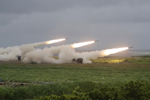 Rockets are launched from High Mobility Artillery Rocket System (HIMARS) during a military live-fire shooting training in Taichung City, Taiwan, Wednesday, June 10, 2026. (AP Photo/Chiang Ying-ying)