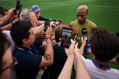 Derek Cornelius speaks to media during a Team Canada World Cup training session in Toronto, on Wednesday, June 10, 2026. THE CANADIAN PRESS/Sammy Kogan