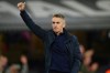 FILE - Ipswich Town's head coach Kieran McKenna greets fans after the English Premier League soccer match between Ipswich Town and Manchester United at Portman Road stadium in Ipswich, England, Nov. 24, 2024. (AP Photo/Dave Shopland, File)