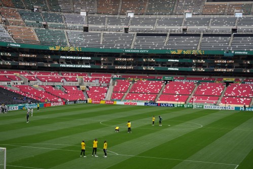 Playes of South Africa visit the stadium in Mexico City, Wednesday, June 10, 2026, a day before their opening FIFA World Cup match against Mexico. (AP Photo/Eduardo Verdugo)