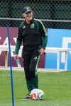 Mexico's coach Javier Aguirre smiles during a training in Mexico City, Wednesday, June 10, 2026, ahead of his team's opening match against South Africa at the FIFA World Cup. (AP Photo/Fernando Llano)